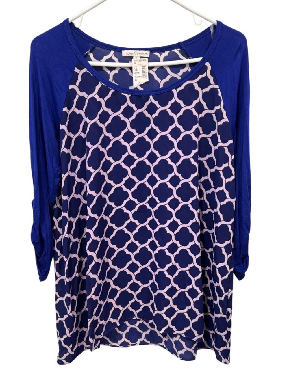 Moa Moa Top XL Geometric Raglan Sleeve Blue Boho Modern Office Career NEW